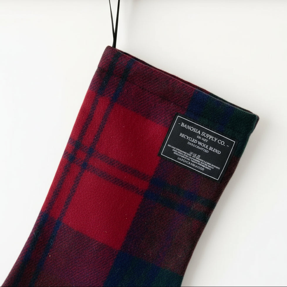 Red and green plaid Christmas stocking.