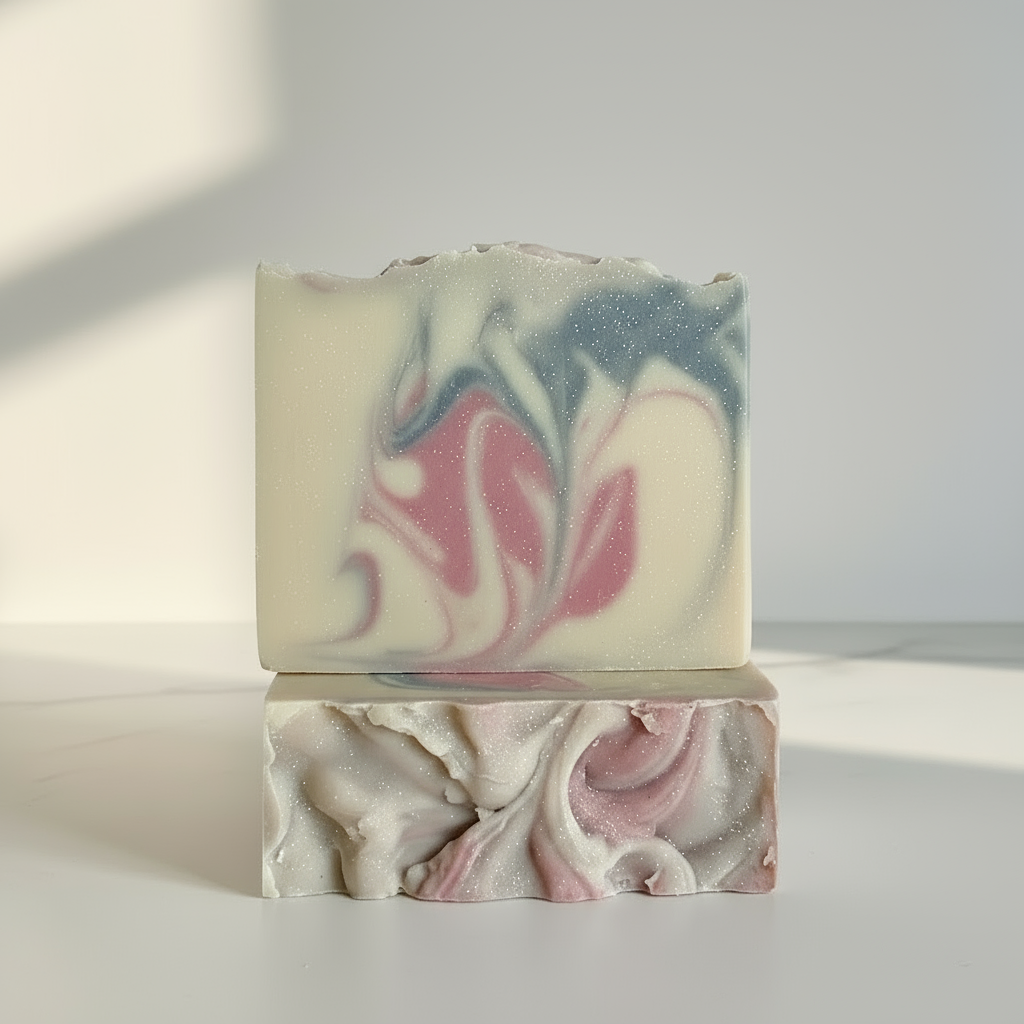 Swirled soap bar with pink and green colours