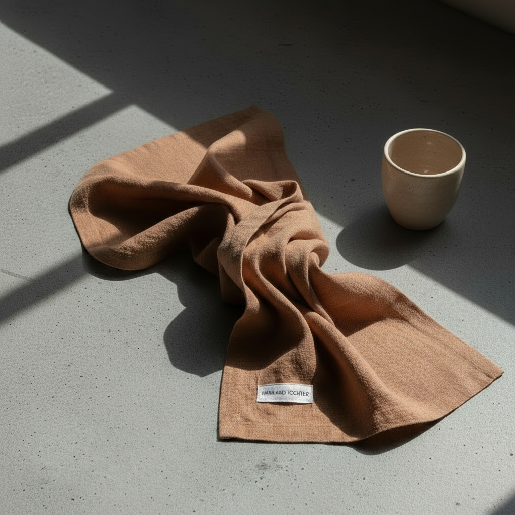 Folded brown tea towel