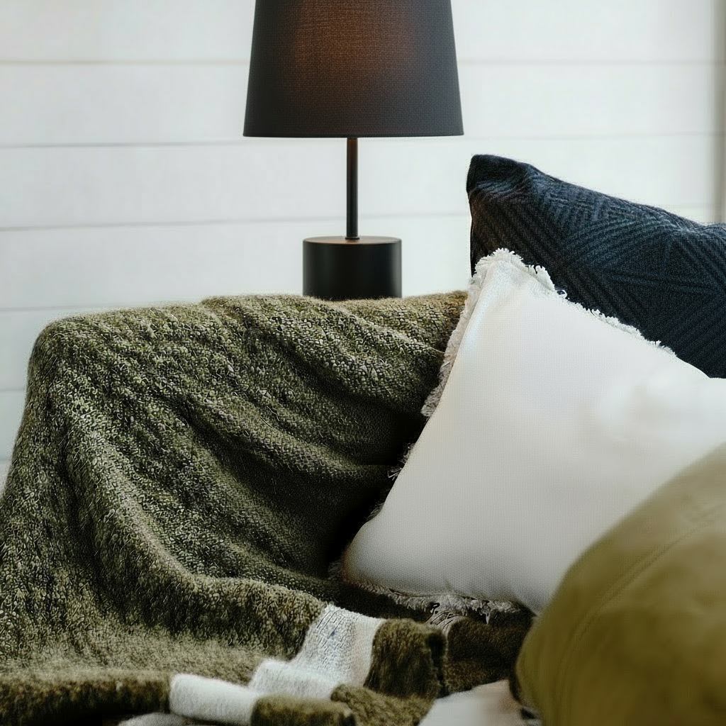 Olive and white striped throw rug