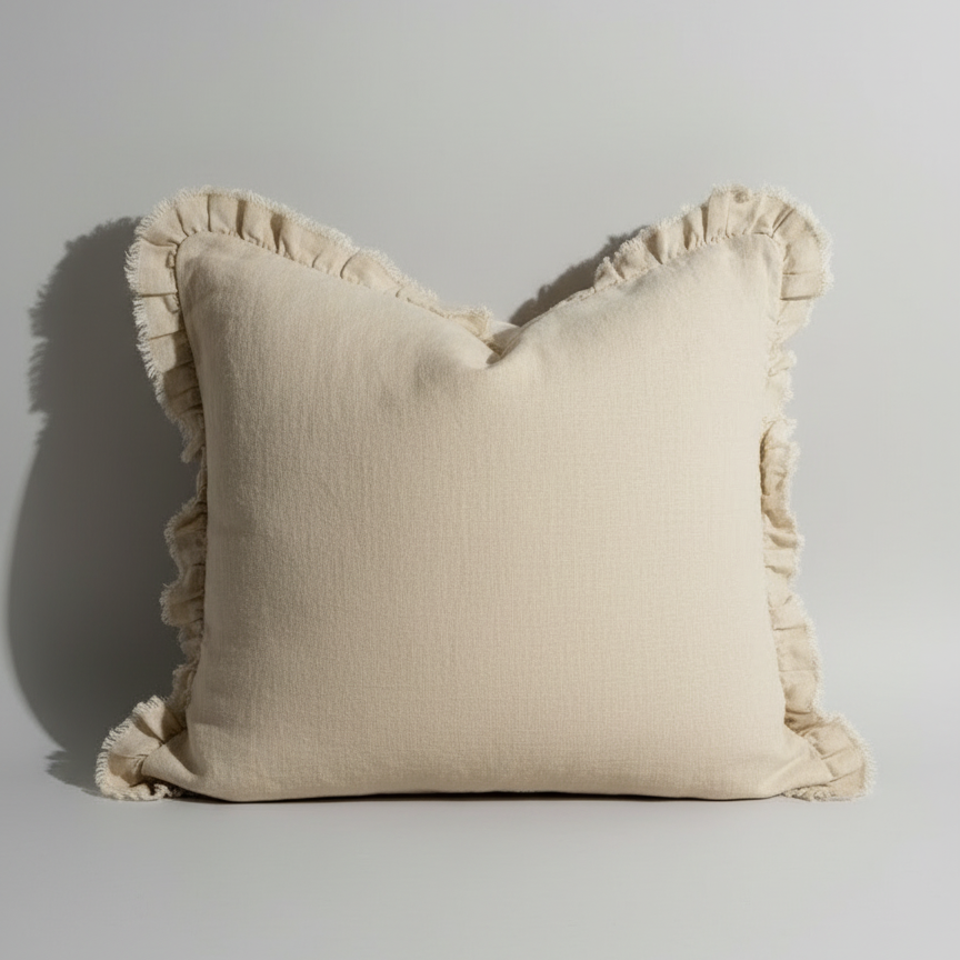 Close-up of a beige pillow with ruffled edge