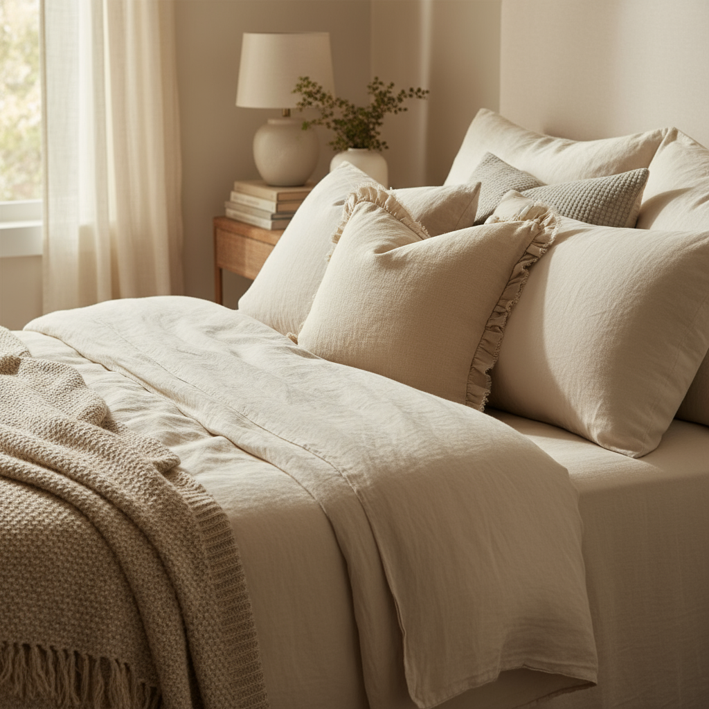 Close-up of a beige pillow with ruffled edge