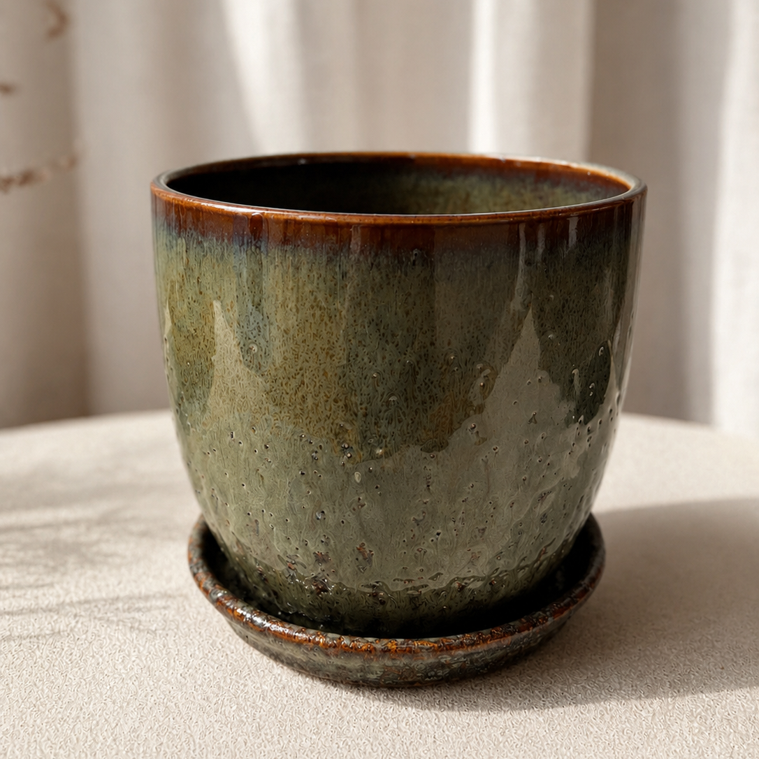 A handmade ceramic planter pot with a matching saucer, featuring a textured glaze that transitions from olive green to dark brown, set against a soft beige curtain background.