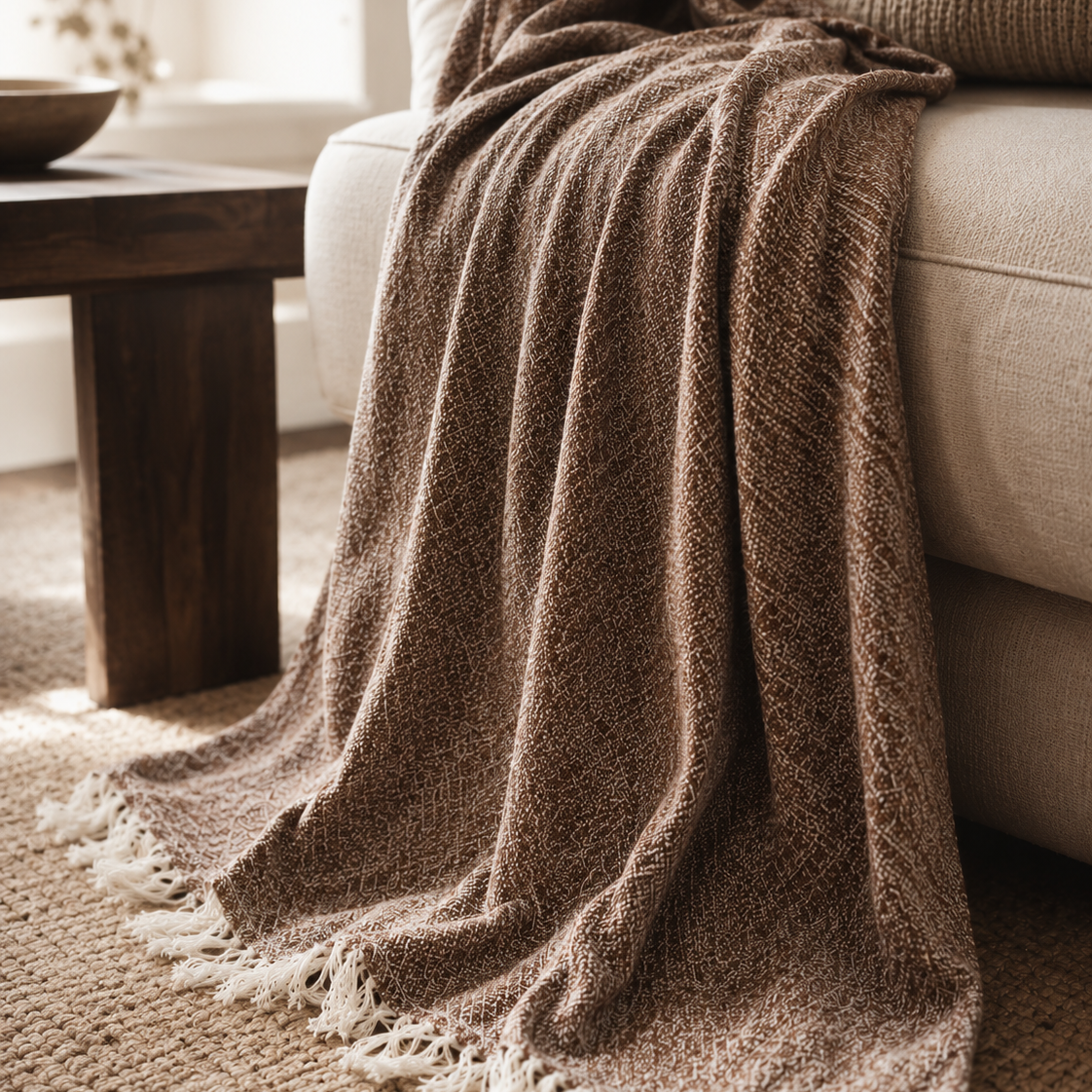 Brown textured throw blanket draped over a sofa in a cozy living room.
