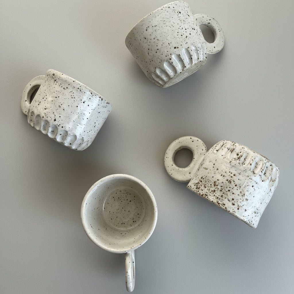Four ceramic mugs with speckled texture 