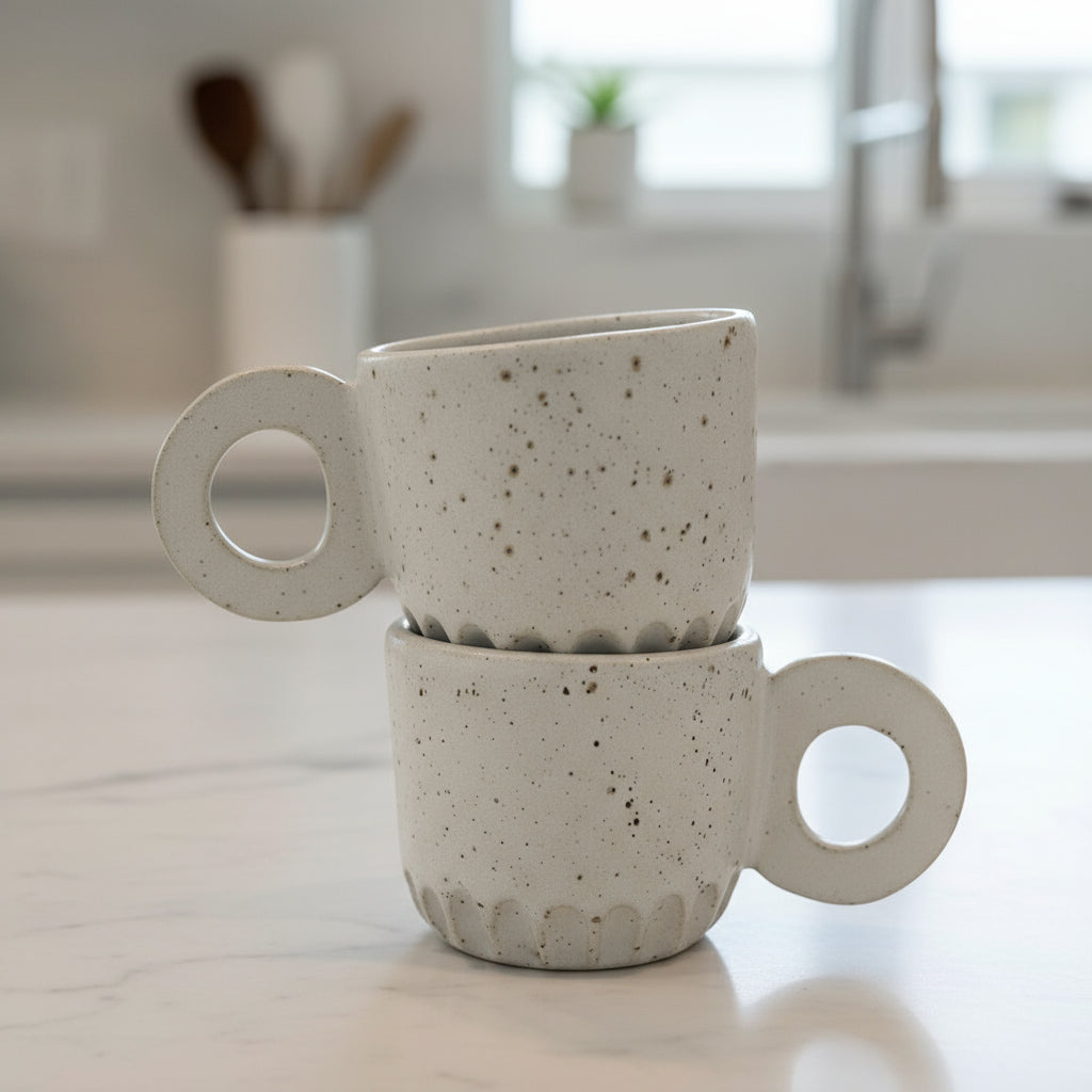 Two stacked ceramic mugs on a kitchen counter