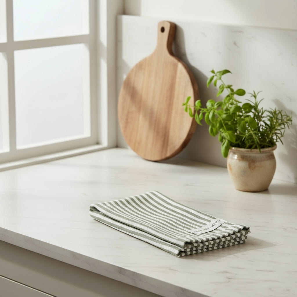 Striped tea towel with a brand label 
