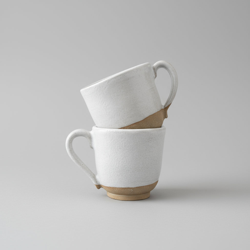 Two white ceramic mugs with wooden bases 