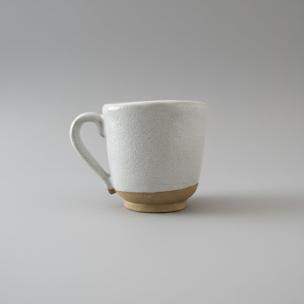 White ceramic mug with a brown base 