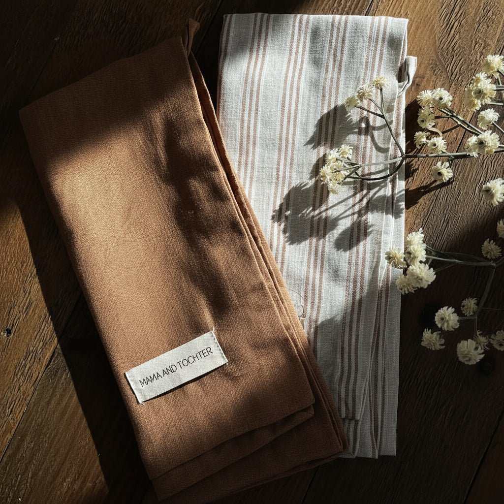 Brown tea towel with a label 
