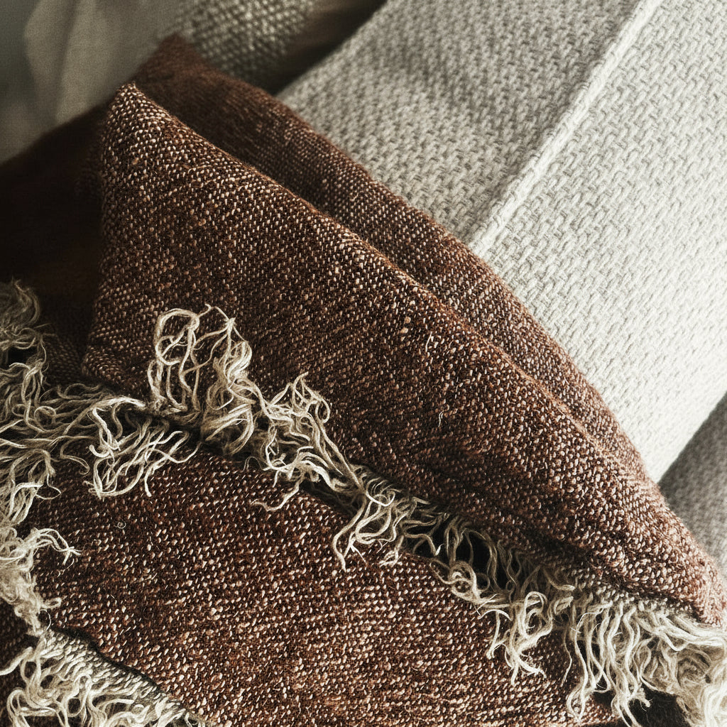Close-up of a textured brown fabric with frayed edges 