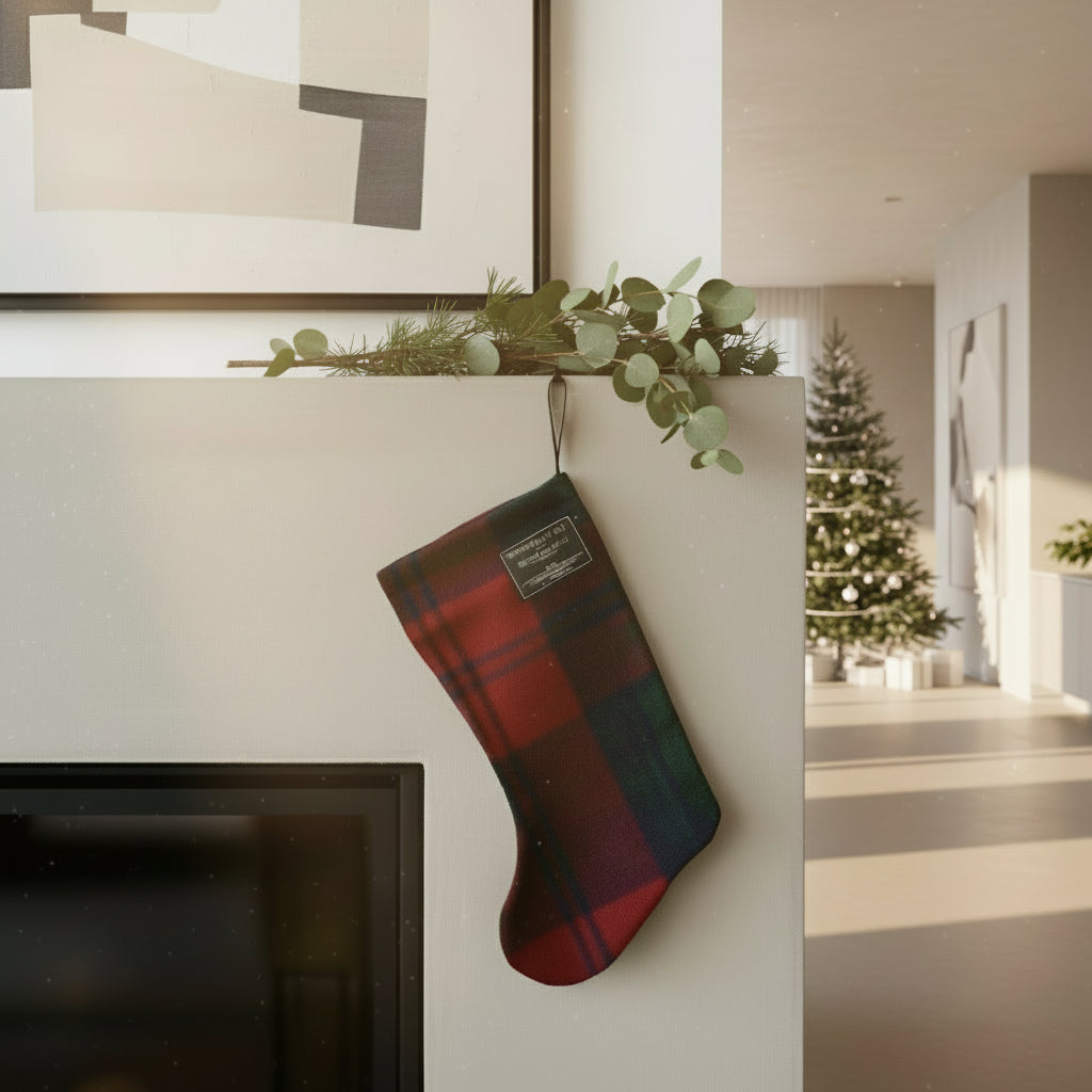 Red and green plaid Christmas stocking.