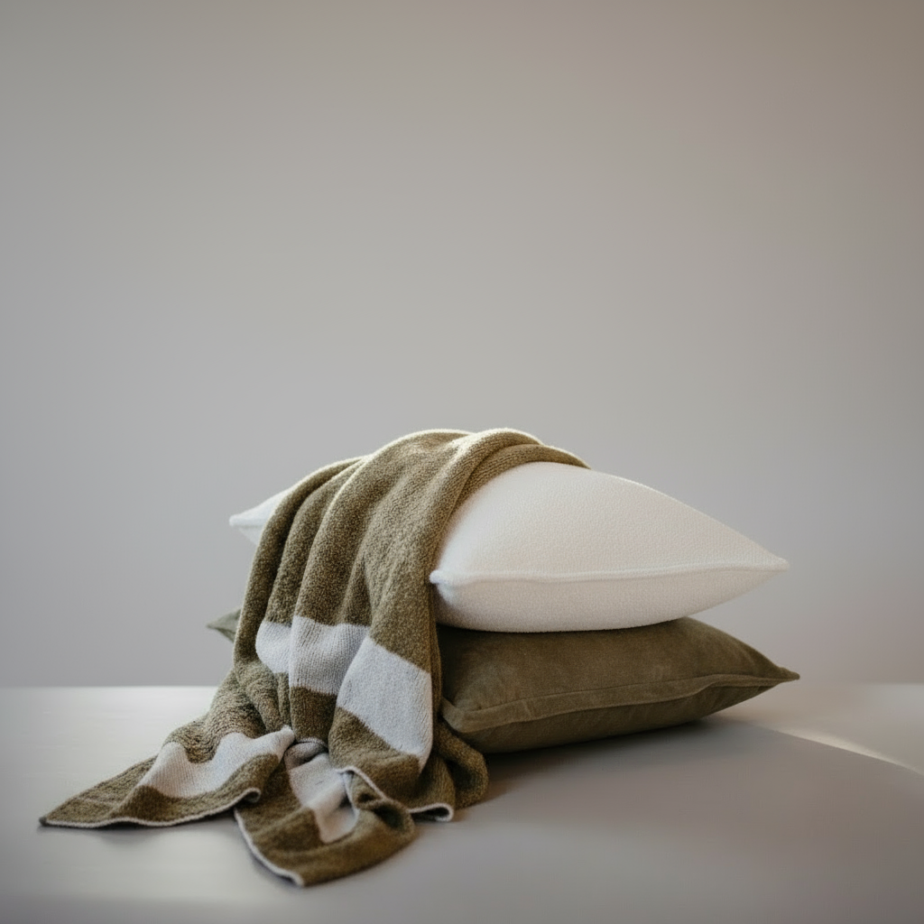 Textured throw rug with olive and white pattern 