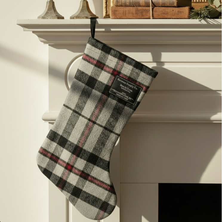 Plaid Christmas stocking.