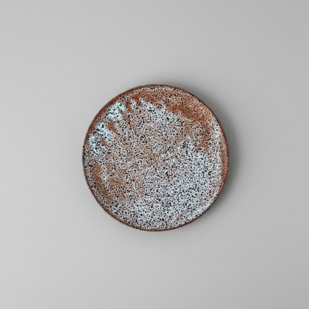 Round ceramic plate with speckled design 