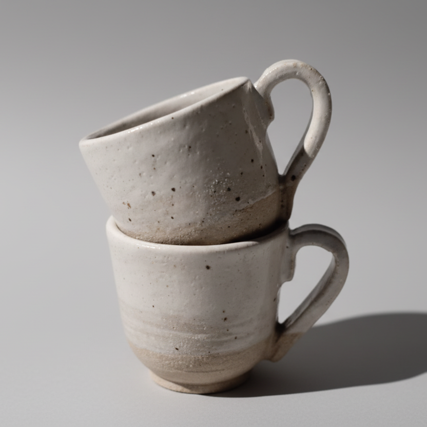 Two stacked ceramic mugs