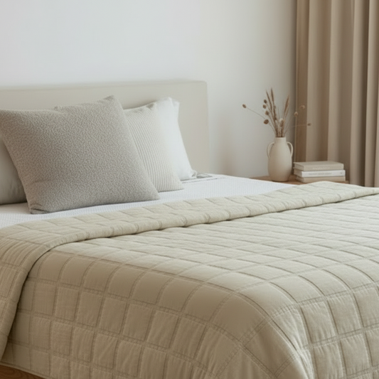 Beige quilted comforter on a bed with pillows
