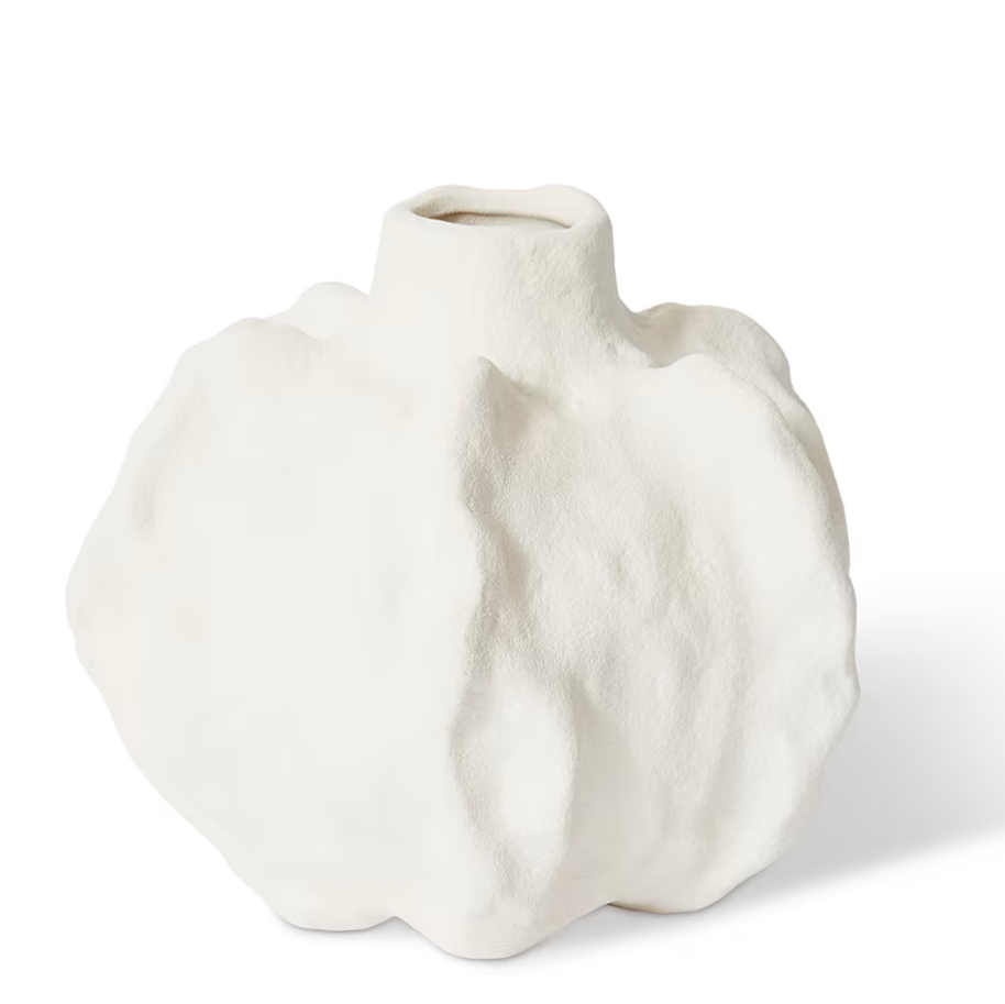 An organic-shaped white ceramic vase with a textured, sculptural surface and a small flared neck, shown on a clean white background.