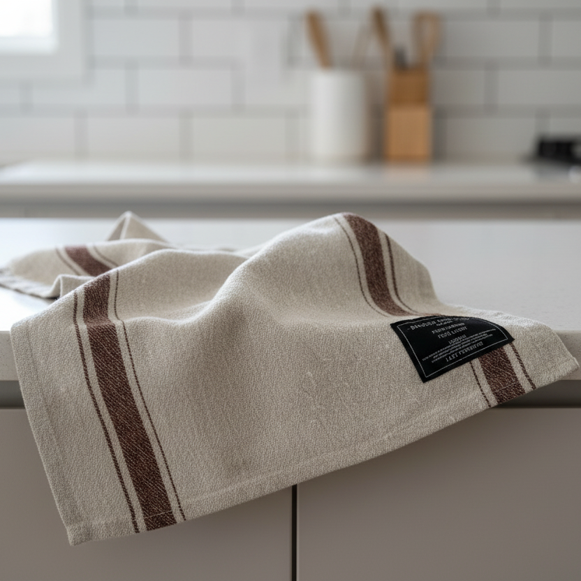 Beige tea towel with brown stripe 