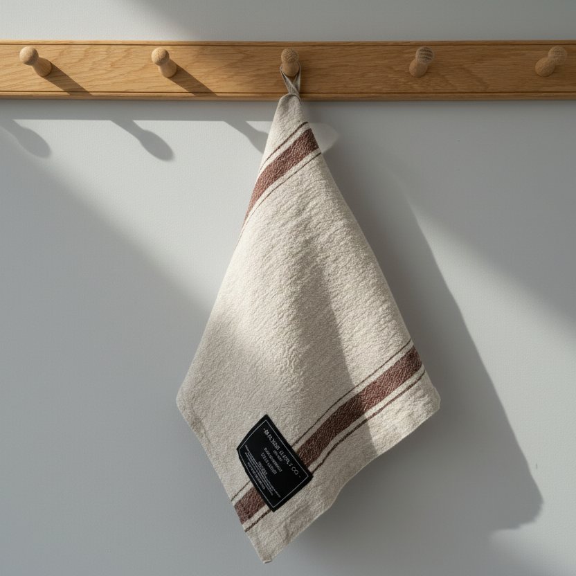 Beige tea towel with brown stripe 