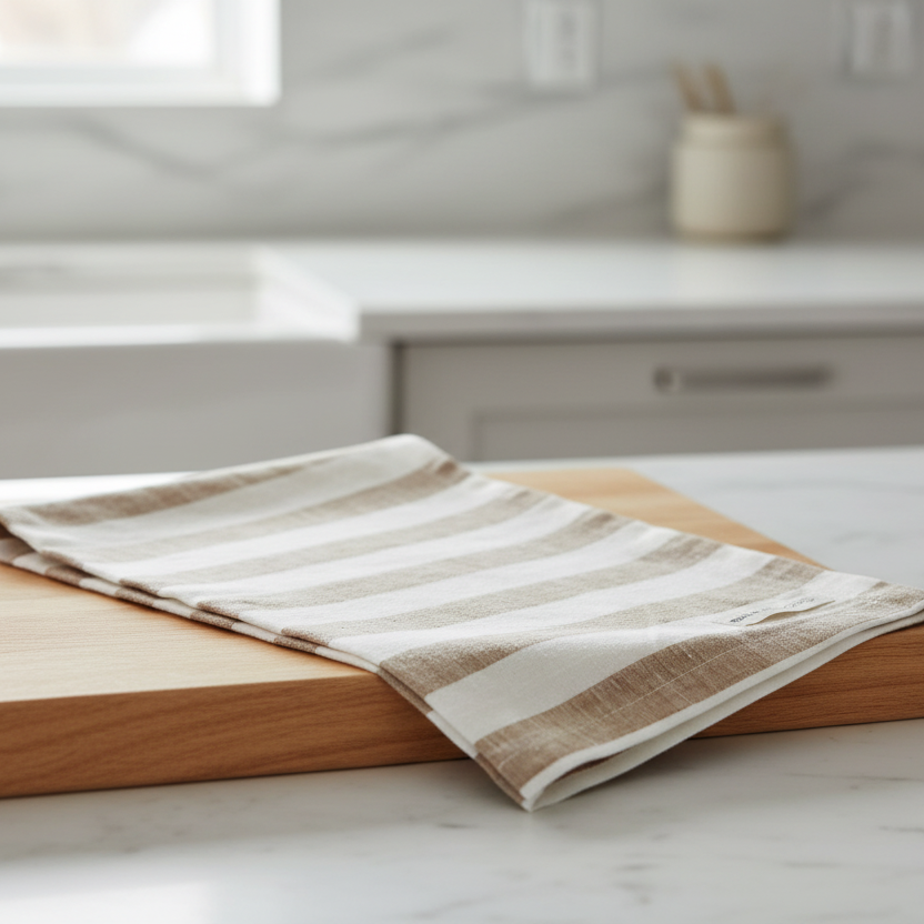 Striped tea towel with brown and white stripes 