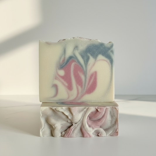 Swirled soap bar with pink and green colours 