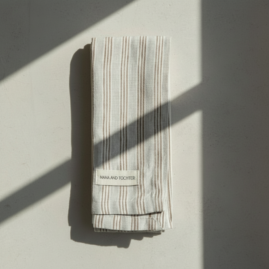 Striped tea towel with a label 