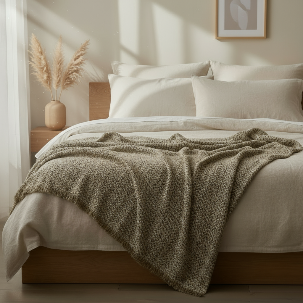 Knitted beige and olive throw rug