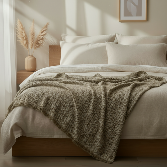 Knitted beige and olive throw rug