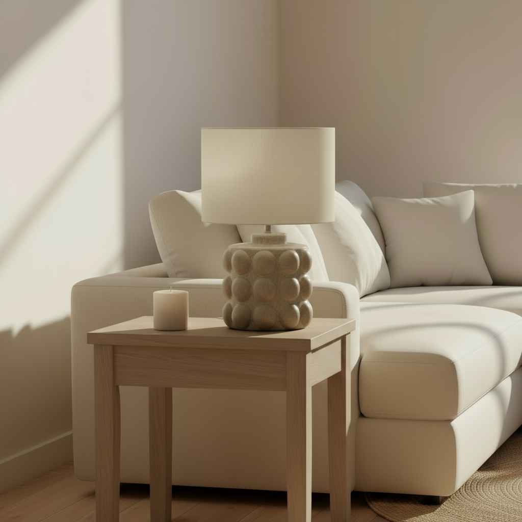 Table lamp with textured ceramic base and beige lampshade 