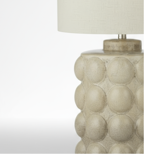 Table lamp with textured base and white shade 