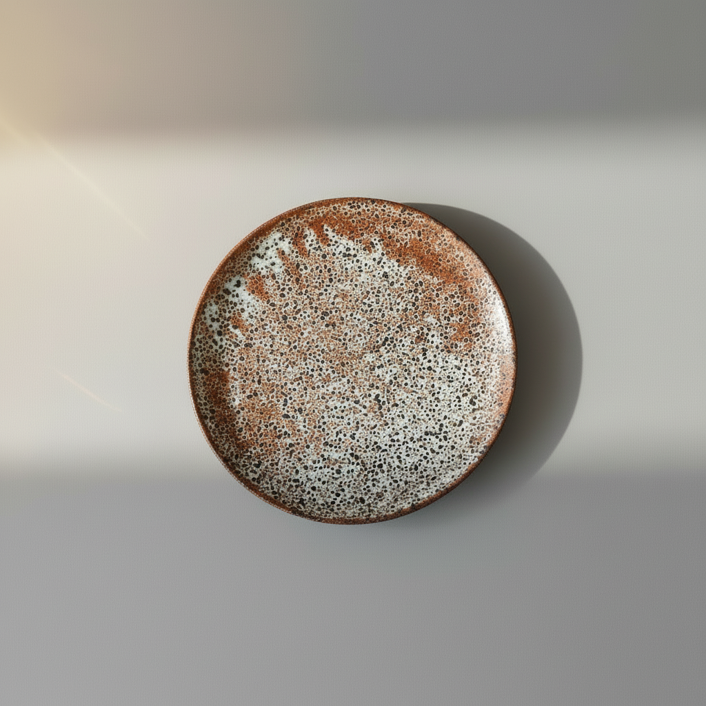 Round ceramic plate with speckled design 