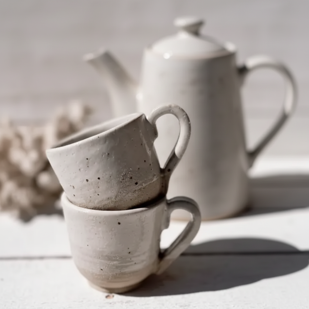 Two stacked ceramic mugs 