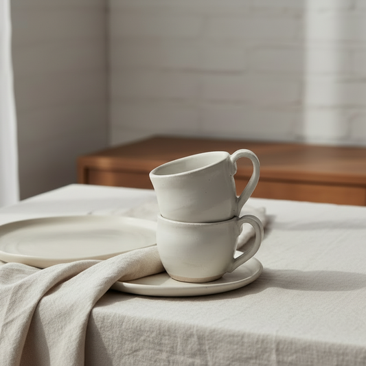 Two stacked ceramic mugs 