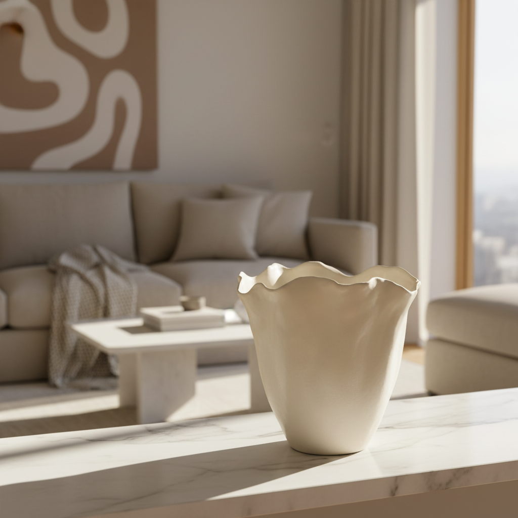 An off-white ceramic vase with a wavy, scalloped rim and a textured, organic shape, shown on a white background with a soft shadow.