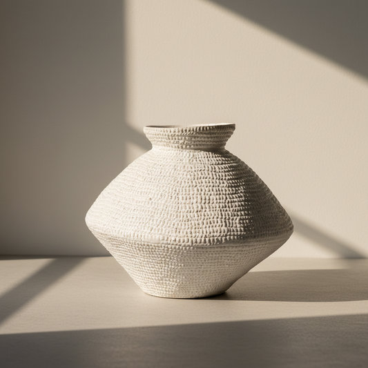 A large, textured white ceramic vase with a wide, rounded body and a short flared neck, shown on a clean white background.
