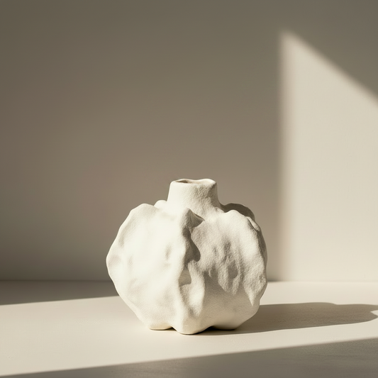 An organic-shaped white ceramic vase with a textured, sculptural surface and a small flared neck, shown on a clean white background.