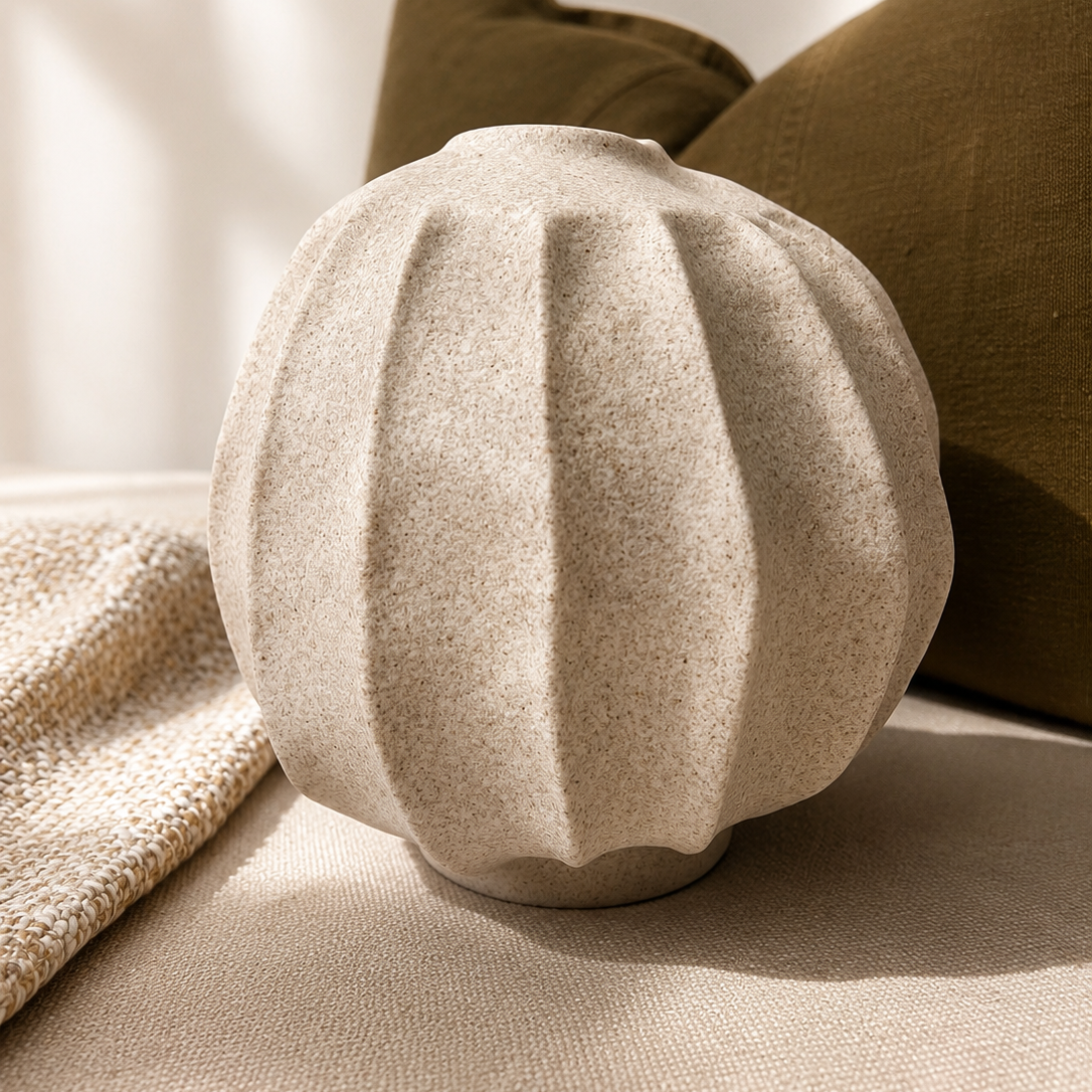 A ribbed, pumpkin-shaped ceramic vase in a light oatmeal beige color, styled on a beige fabric surface with a textured throw blanket and dark olive green pillows in the background.