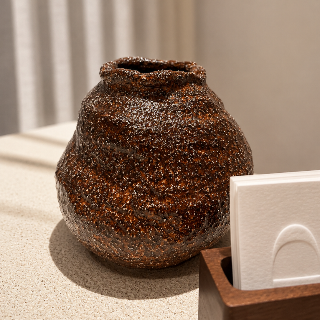 Textured brown ceramic vase on a neutral background
