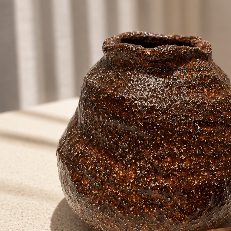 Textured brown ceramic vase on a neutral background