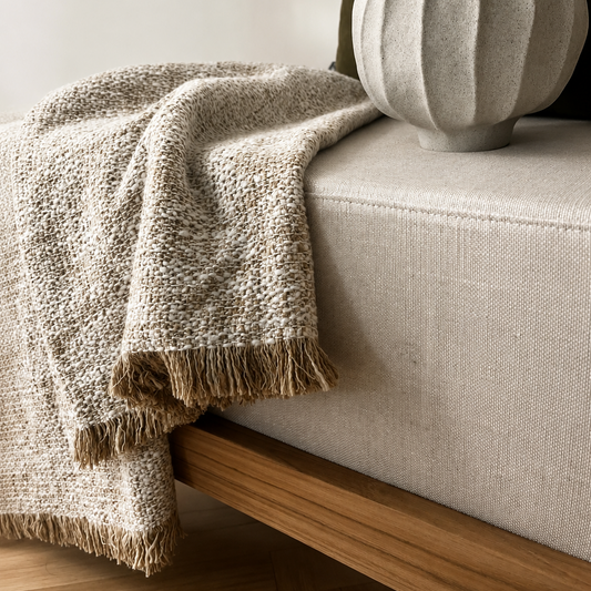 Beige textured blanket draped over a light gray sofa with a decorative vase.
