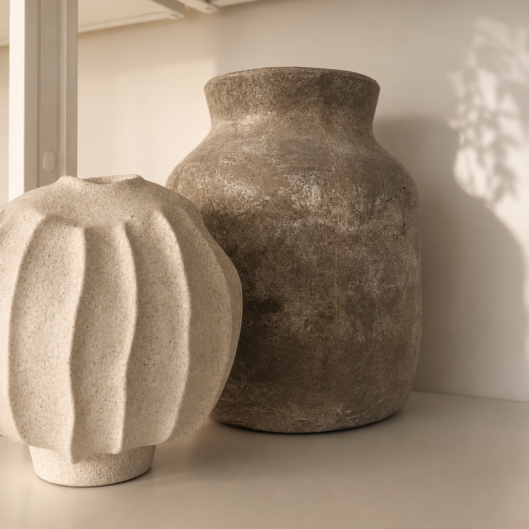 Two textured vases on a neutral surface with soft lighting