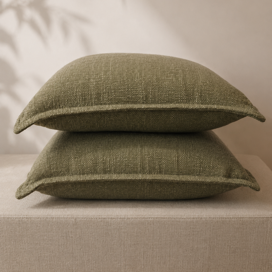 Two olive green textured throw pillows stacked on a beige upholstered bench against a warm beige wall with soft leaf shadows.