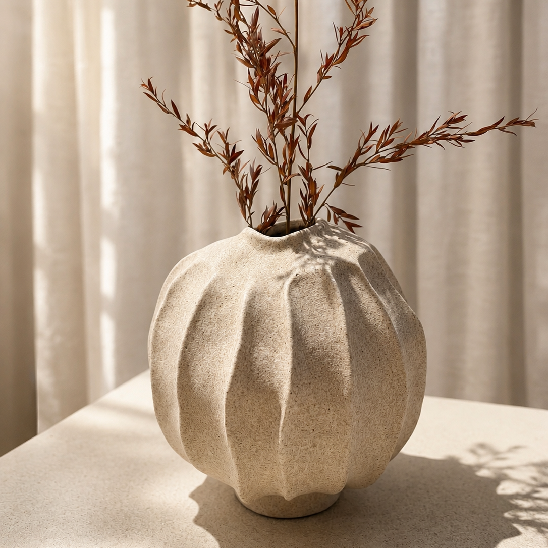 A ribbed, textured ceramic vase in a warm beige tone, holding dried brown botanical stems, set on a table with soft window light and curtain shadows.